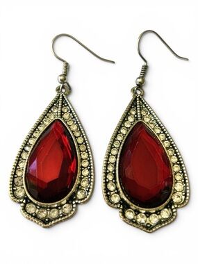 Vintage Early‑2000s Red Glass Teardrop Earrings w/ Rhinestone Halo